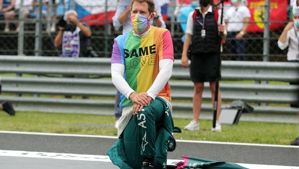 Formula One driver Sebastian Vettel wears a 'Same Love' T-shirt for the national anthems at the Hungarian Grand Prix
