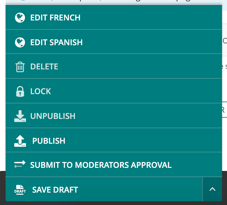Modified page editor action button menu, with additional sibling page edit buttons